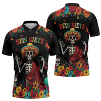 Seis Siete Dia de los Muertos Zipper Polo Shirt Mexican Funny 67 Calaca Skeleton Sombrero - Wonder Print Shop