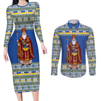 Ukraine Christmas Couples Matching Long Sleeve Bodycon Dress and Long Sleeve Button Shirt Saint Nicholas Vyshyvanka Style - Wonder Print Shop