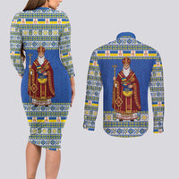 Ukraine Christmas Couples Matching Long Sleeve Bodycon Dress and Long Sleeve Button Shirt Saint Nicholas Vyshyvanka Style - Wonder Print Shop