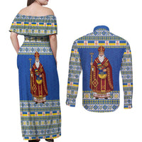 Ukraine Christmas Couples Matching Off Shoulder Maxi Dress and Long Sleeve Button Shirt Saint Nicholas Vyshyvanka Style - Wonder Print Shop