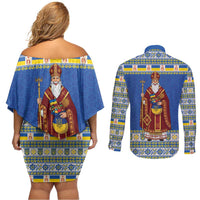 Ukraine Christmas Couples Matching Off Shoulder Short Dress and Long Sleeve Button Shirt Saint Nicholas Vyshyvanka Style - Wonder Print Shop