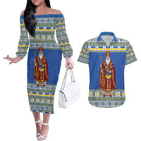 Ukraine Christmas Couples Matching Off The Shoulder Long Sleeve Dress and Hawaiian Shirt Saint Nicholas Vyshyvanka Style - Wonder Print Shop