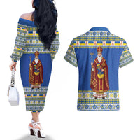 Ukraine Christmas Couples Matching Off The Shoulder Long Sleeve Dress and Hawaiian Shirt Saint Nicholas Vyshyvanka Style - Wonder Print Shop