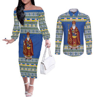 Ukraine Christmas Couples Matching Off The Shoulder Long Sleeve Dress and Long Sleeve Button Shirt Saint Nicholas Vyshyvanka Style - Wonder Print Shop
