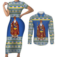 Ukraine Christmas Couples Matching Short Sleeve Bodycon Dress and Long Sleeve Button Shirt Saint Nicholas Vyshyvanka Style - Wonder Print Shop