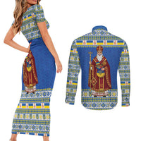 Ukraine Christmas Couples Matching Short Sleeve Bodycon Dress and Long Sleeve Button Shirt Saint Nicholas Vyshyvanka Style - Wonder Print Shop