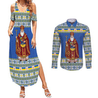 Ukraine Christmas Couples Matching Summer Maxi Dress and Long Sleeve Button Shirt Saint Nicholas Vyshyvanka Style - Wonder Print Shop