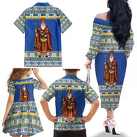 Ukraine Christmas Family Matching Off The Shoulder Long Sleeve Dress and Hawaiian Shirt Saint Nicholas Vyshyvanka Style - Wonder Print Shop