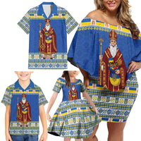 Ukraine Christmas Family Matching Off Shoulder Short Dress and Hawaiian Shirt Saint Nicholas Vyshyvanka Style - Wonder Print Shop