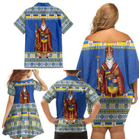 Ukraine Christmas Family Matching Off Shoulder Short Dress and Hawaiian Shirt Saint Nicholas Vyshyvanka Style - Wonder Print Shop