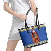 Ukraine Christmas Leather Tote Bag Saint Nicholas Vyshyvanka Style - Wonder Print Shop