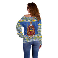 Ukraine Christmas Off Shoulder Sweater Saint Nicholas Vyshyvanka Style - Wonder Print Shop