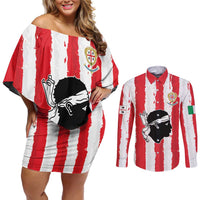 Italy Sardinia Couples Matching Off Shoulder Short Dress and Long Sleeve Button Shirt Moor's Head With Coat Of Arms LT19