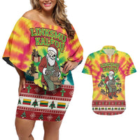 Personalized Lithuania Christmas Couples Matching Off Shoulder Short Dress and Hawaiian Shirt Skeleton Cross Tie-Dye Vintage - Wonder Print Shop