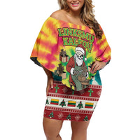 Personalized Lithuania Christmas Off Shoulder Short Dress Skeleton Cross Tie-Dye Vintage - Wonder Print Shop