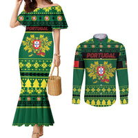 Personalized Portugal Christmas Couples Matching Mermaid Dress and Long Sleeve Button Shirt Emblem With Flag Style - Wonder Print Shop