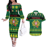 Personalized Portugal Christmas Couples Matching Off The Shoulder Long Sleeve Dress and Hawaiian Shirt Emblem With Flag Style - Wonder Print Shop