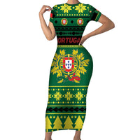 Personalized Portugal Christmas Short Sleeve Bodycon Dress Emblem With Flag Style - Wonder Print Shop