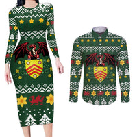 Glamorgan Wales Christmas Couples Matching Long Sleeve Bodycon Dress and Long Sleeve Button Shirt Cymru Dragon And Daffodil - Wonder Print Shop