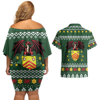 Glamorgan Wales Christmas Couples Matching Off Shoulder Short Dress and Hawaiian Shirt Cymru Dragon And Daffodil - Wonder Print Shop