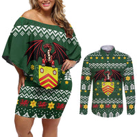 Glamorgan Wales Christmas Couples Matching Off Shoulder Short Dress and Long Sleeve Button Shirt Cymru Dragon And Daffodil - Wonder Print Shop