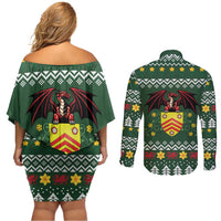 Glamorgan Wales Christmas Couples Matching Off Shoulder Short Dress and Long Sleeve Button Shirt Cymru Dragon And Daffodil - Wonder Print Shop