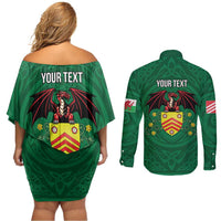Personalized Glamorgan Wales Couples Matching Off Shoulder Short Dress and Long Sleeve Button Shirt Welsh Red Dragon And Daffodil - Wonder Print Shop