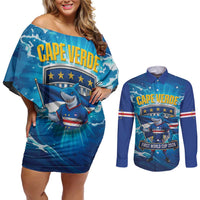 Blue Shark Cape Verde Football Couples Matching Off Shoulder Short Dress and Long Sleeve Button Shirt First World Cup 2026 - Wonder Print Shop