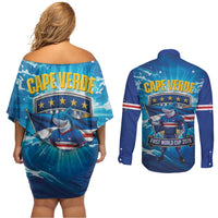 Blue Shark Cape Verde Football Couples Matching Off Shoulder Short Dress and Long Sleeve Button Shirt First World Cup 2026 - Wonder Print Shop