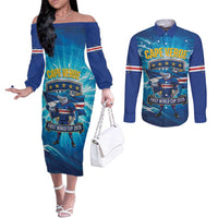 Blue Shark Cape Verde Football Couples Matching Off The Shoulder Long Sleeve Dress and Long Sleeve Button Shirt First World Cup 2026 - Wonder Print Shop