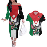 Custom World Football 2026 Jordan Couples Matching Off The Shoulder Long Sleeve Dress and Hawaiian Shirt Eagle Rising Road To Champion - Wonder Print Shop