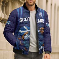 Custom Rugby Scotland Bomber Puffer Jacket Highland Cow Mascot Go Scottish
