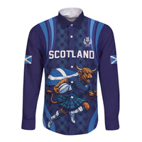 Custom Rugby Scotland Long Sleeve Button Shirt Highland Cow Mascot Go Scottish