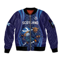 Custom Rugby Scotland Sleeve Zip Bomber Jacket Highland Cow Mascot Go Scottish
