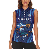 Custom Rugby Scotland Women Sleeveless Polo Shirt Highland Cow Mascot Go Scottish
