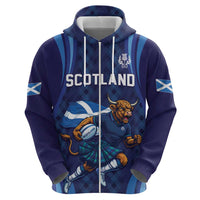 Custom Rugby Scotland Zip Hoodie Highland Cow Mascot Go Scottish