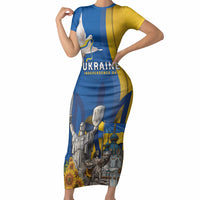 Personalized Ukraine Independence Day Short Sleeve Bodycon Dress Tryzub Heritage Freedom Pride
