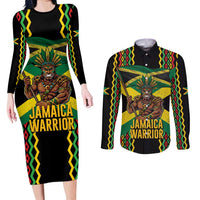 Jamaica Warrior Spirit Couples Matching Long Sleeve Bodycon Dress and Long Sleeve Button Shirt Tribal Fighter in Reggae Colors - Wonder Print Shop