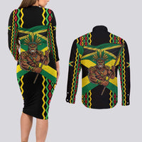 Jamaica Warrior Spirit Couples Matching Long Sleeve Bodycon Dress and Long Sleeve Button Shirt Tribal Fighter in Reggae Colors - Wonder Print Shop