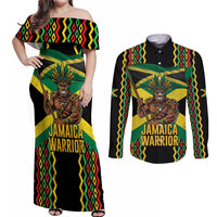 Jamaica Warrior Spirit Couples Matching Off Shoulder Maxi Dress and Long Sleeve Button Shirt Tribal Fighter in Reggae Colors - Wonder Print Shop