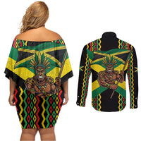 Jamaica Warrior Spirit Couples Matching Off Shoulder Short Dress and Long Sleeve Button Shirt Tribal Fighter in Reggae Colors - Wonder Print Shop