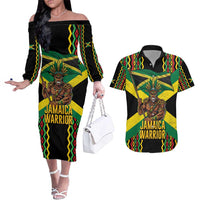 Jamaica Warrior Spirit Couples Matching Off The Shoulder Long Sleeve Dress and Hawaiian Shirt Tribal Fighter in Reggae Colors - Wonder Print Shop