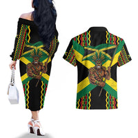 Jamaica Warrior Spirit Couples Matching Off The Shoulder Long Sleeve Dress and Hawaiian Shirt Tribal Fighter in Reggae Colors - Wonder Print Shop