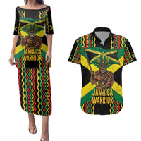 Jamaica Warrior Spirit Couples Matching Puletasi and Hawaiian Shirt Tribal Fighter in Reggae Colors - Wonder Print Shop