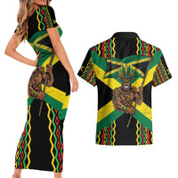 Jamaica Warrior Spirit Couples Matching Short Sleeve Bodycon Dress and Hawaiian Shirt Tribal Fighter in Reggae Colors - Wonder Print Shop