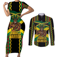 Jamaica Warrior Spirit Couples Matching Short Sleeve Bodycon Dress and Long Sleeve Button Shirt Tribal Fighter in Reggae Colors - Wonder Print Shop