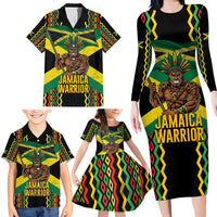 Jamaica Warrior Spirit Family Matching Long Sleeve Bodycon Dress and Hawaiian Shirt Tribal Fighter in Reggae Colors - Wonder Print Shop