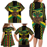 Jamaica Warrior Spirit Family Matching Long Sleeve Bodycon Dress and Hawaiian Shirt Tribal Fighter in Reggae Colors - Wonder Print Shop