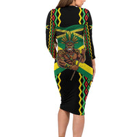 Jamaica Warrior Spirit Family Matching Long Sleeve Bodycon Dress and Hawaiian Shirt Tribal Fighter in Reggae Colors - Wonder Print Shop