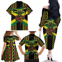 Jamaica Warrior Spirit Family Matching Off The Shoulder Long Sleeve Dress and Hawaiian Shirt Tribal Fighter in Reggae Colors - Wonder Print Shop
